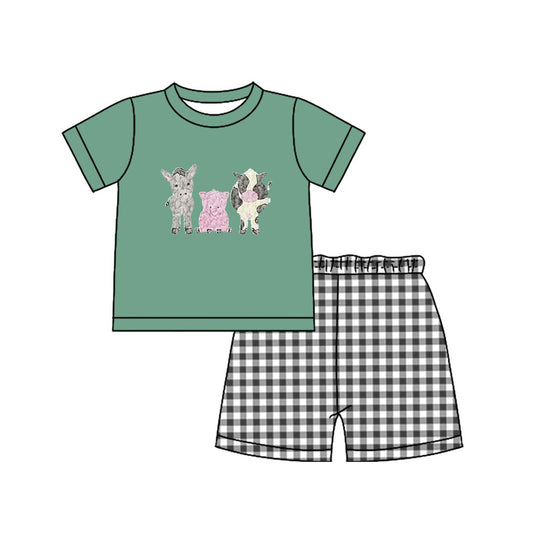 MOQ 5 PCS preorder BSSO1812 Farm Animals Donkey Pig Cow Green Short Sleeve Black Plaid Shorts Boys Pajama Set 202512