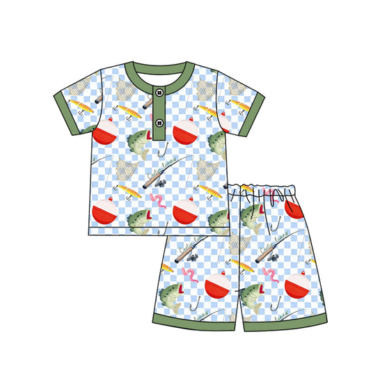 MOQ 5 PCS preorder BSSO1815 Fishing Float Blue Plaid Green Short Sleeve Shorts Boys Pajama Set 202512