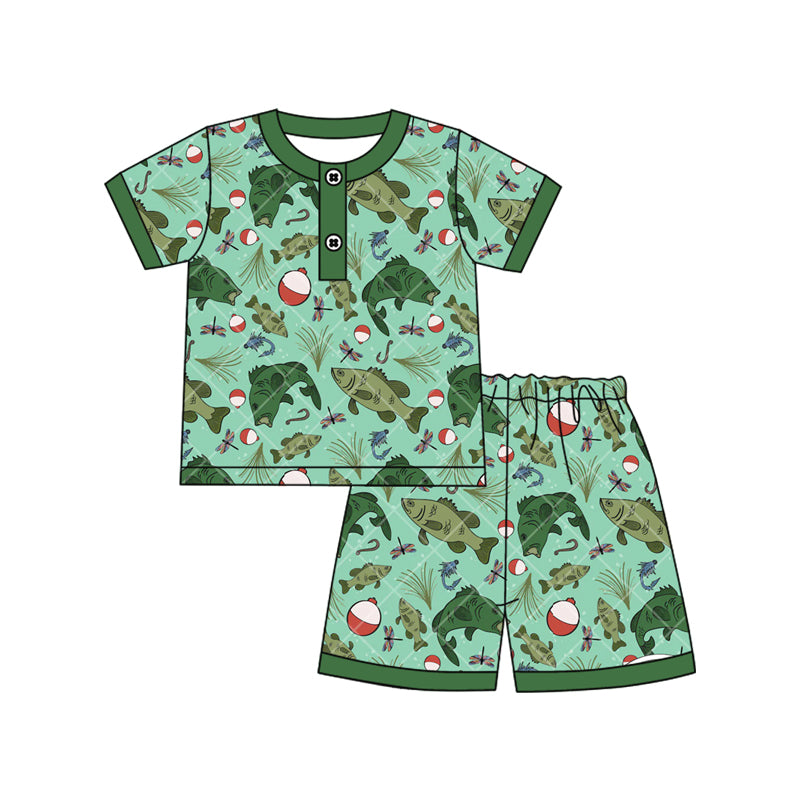 MOQ 5 PCS preorder BSSO1816 Fishing Float Green Short Sleeve Shorts Boys Pajama Set 202512
