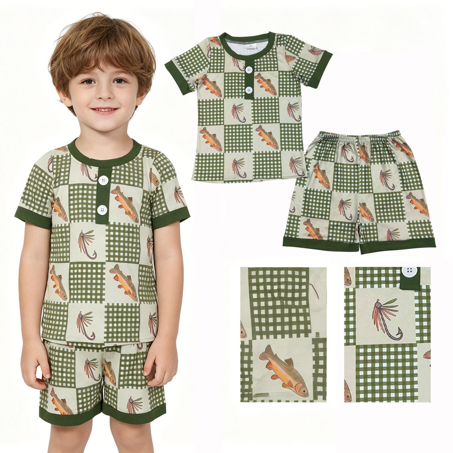 BSSO1817 Fishing Dark Green Plaid Short Sleeve Shorts Boys Pajama Set 202604 RTS