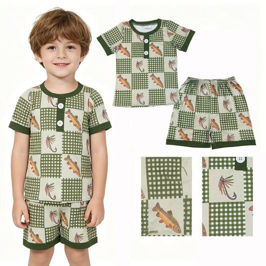 BSSO1817 Fishing Dark Green Plaid Short Sleeve Shorts Boys Pajama Set 202604 RTS
