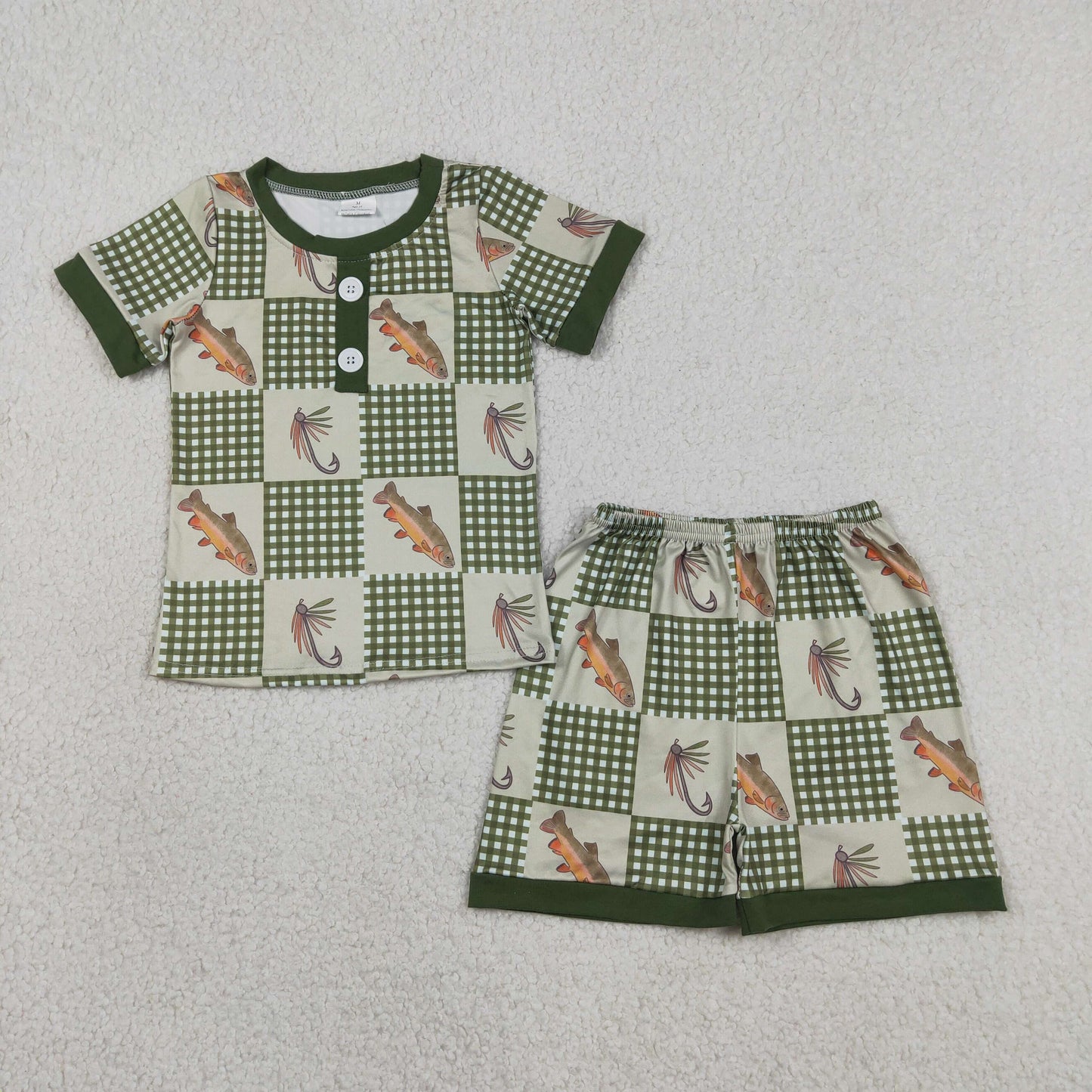 BSSO1817 Fishing Dark Green Plaid Short Sleeve Shorts Boys Pajama Set 202604 RTS