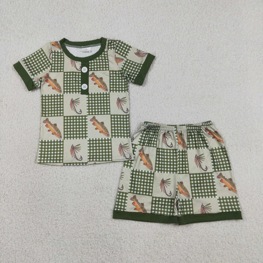 BSSO1817 Fishing Dark Green Plaid Short Sleeve Shorts Boys Pajama Set 202604 RTS