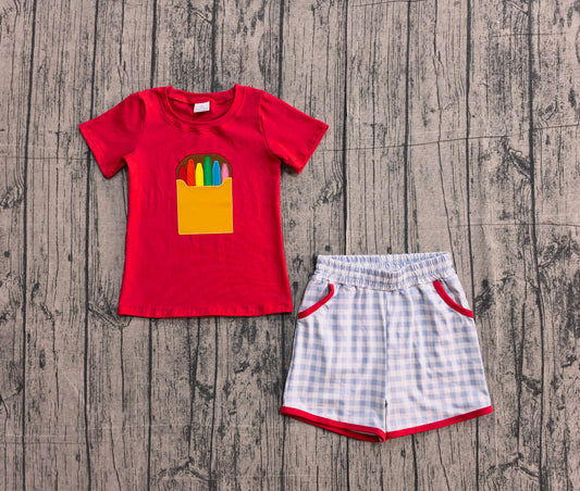 NO MOQ preorder BSSO1819 Embroidered Back to School Crayon Red Short Sleeve Shorts Boys Sets 202601