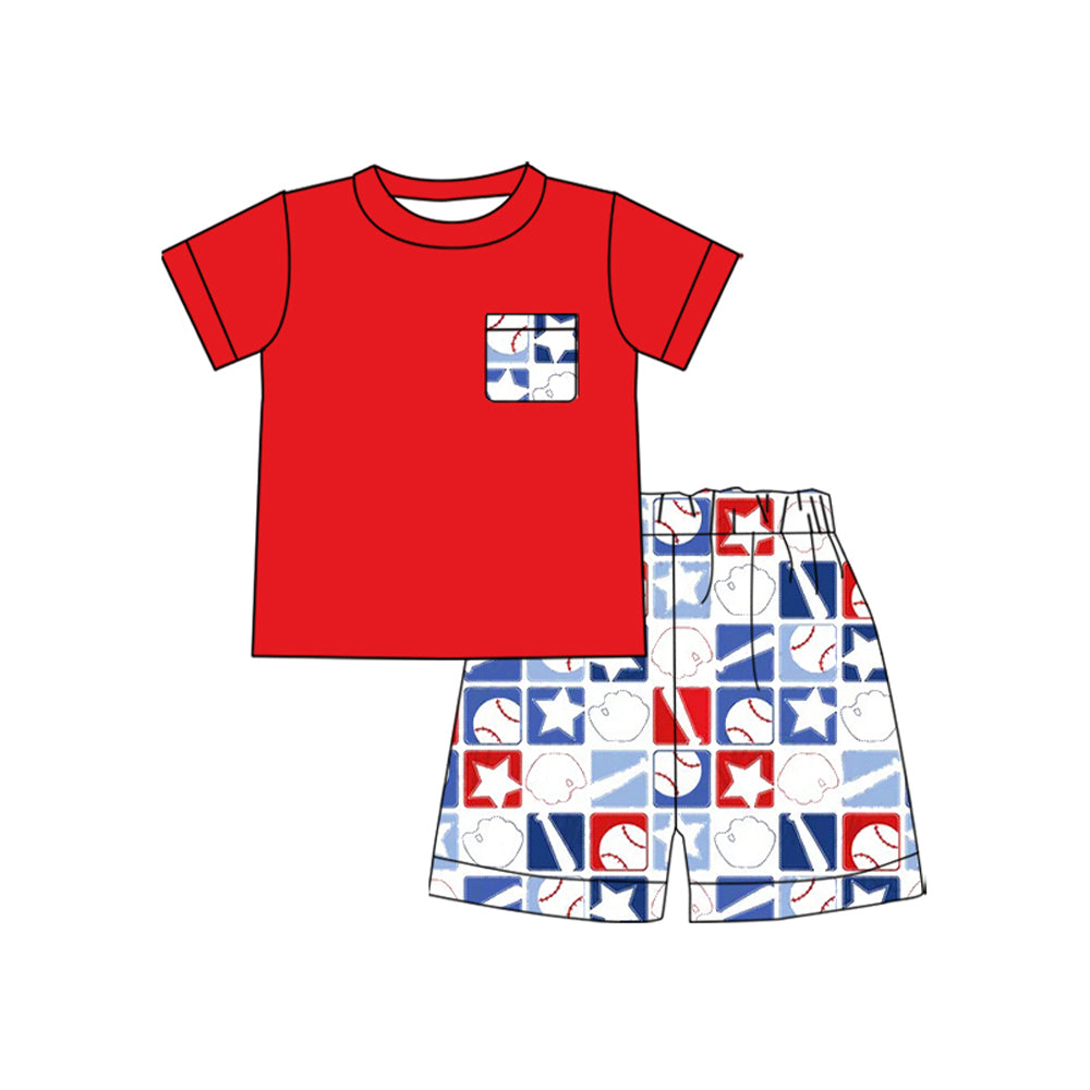 MOQ 5 PCS preorder BSSO1820 Baseball Star Plaid Pocket Red Short Sleeve Shorts Boys Sets 202512