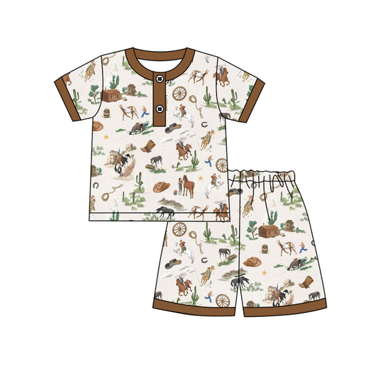 MOQ 5 PCS preorder BSSO1824 Cowboy Horse Riding Brown Short Sleeve Shorts Boys Pajama Set 202512