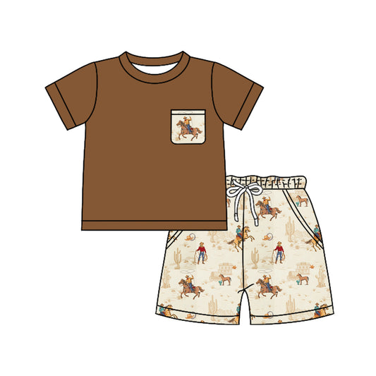 MOQ 5 PCS preorder BSSO1827 Cowboy Horse Riding Beige Brown Pocket Short Sleeve Shorts Boys Sets 202512