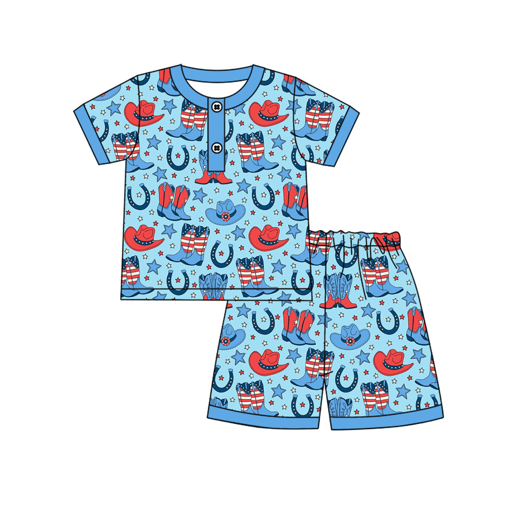 MOQ 5 PCS preorder BSSO1828 4th of July Cowboy Star Boots Hat Blue Short Sleeve Shorts Boys Pajama Set 202512