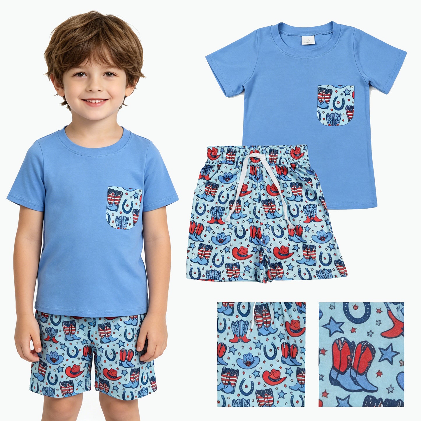 BSSO1829 4th of July Cowboy Star Boots Hat Pocket Blue Short Sleeve Shorts Boys Sets 202605 RTS