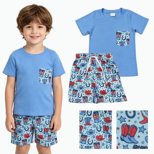 BSSO1829 4th of July Cowboy Star Boots Hat Pocket Blue Short Sleeve Shorts Boys Sets 202605 RTS