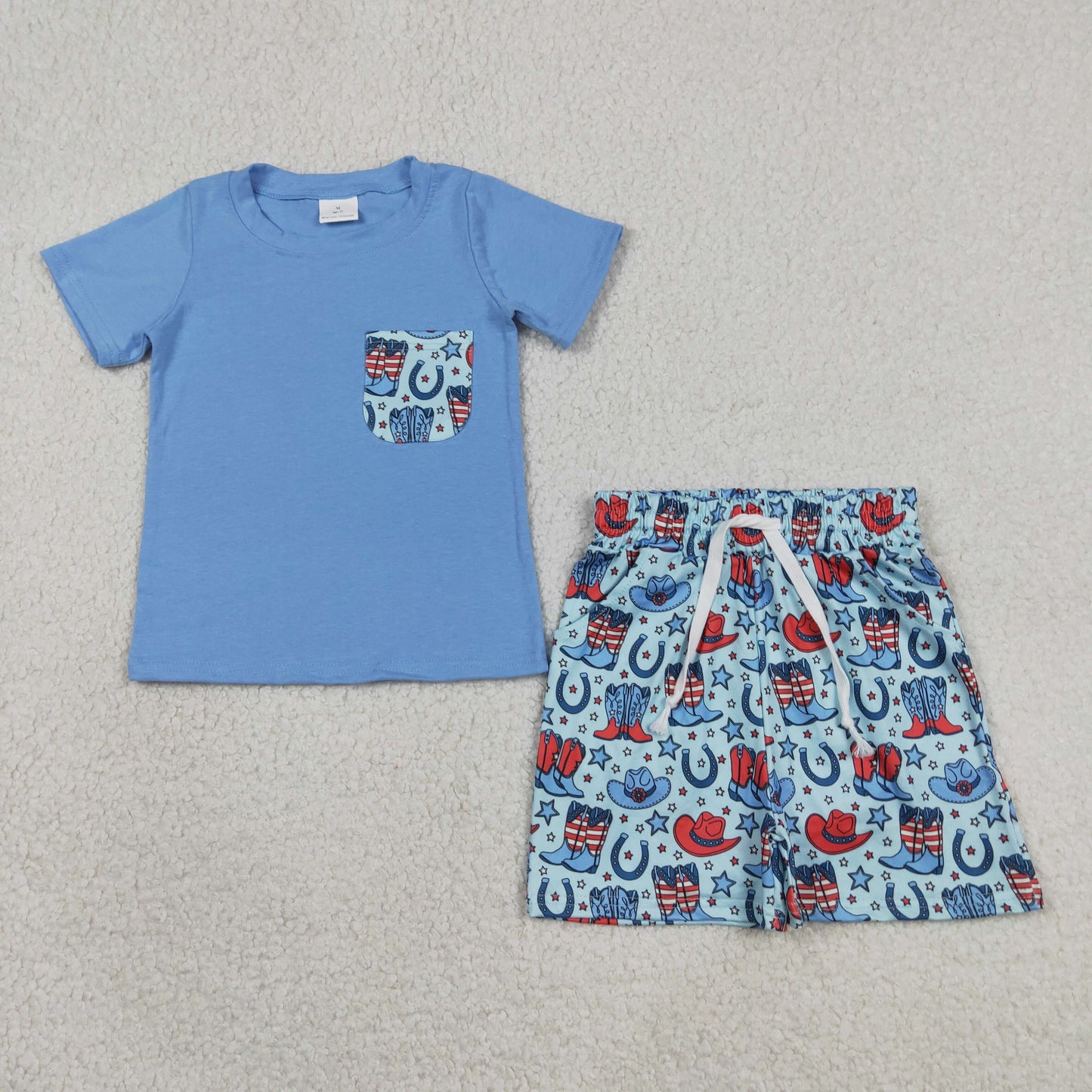 BSSO1829 4th of July Cowboy Star Boots Hat Pocket Blue Short Sleeve Shorts Boys Sets 202605 RTS