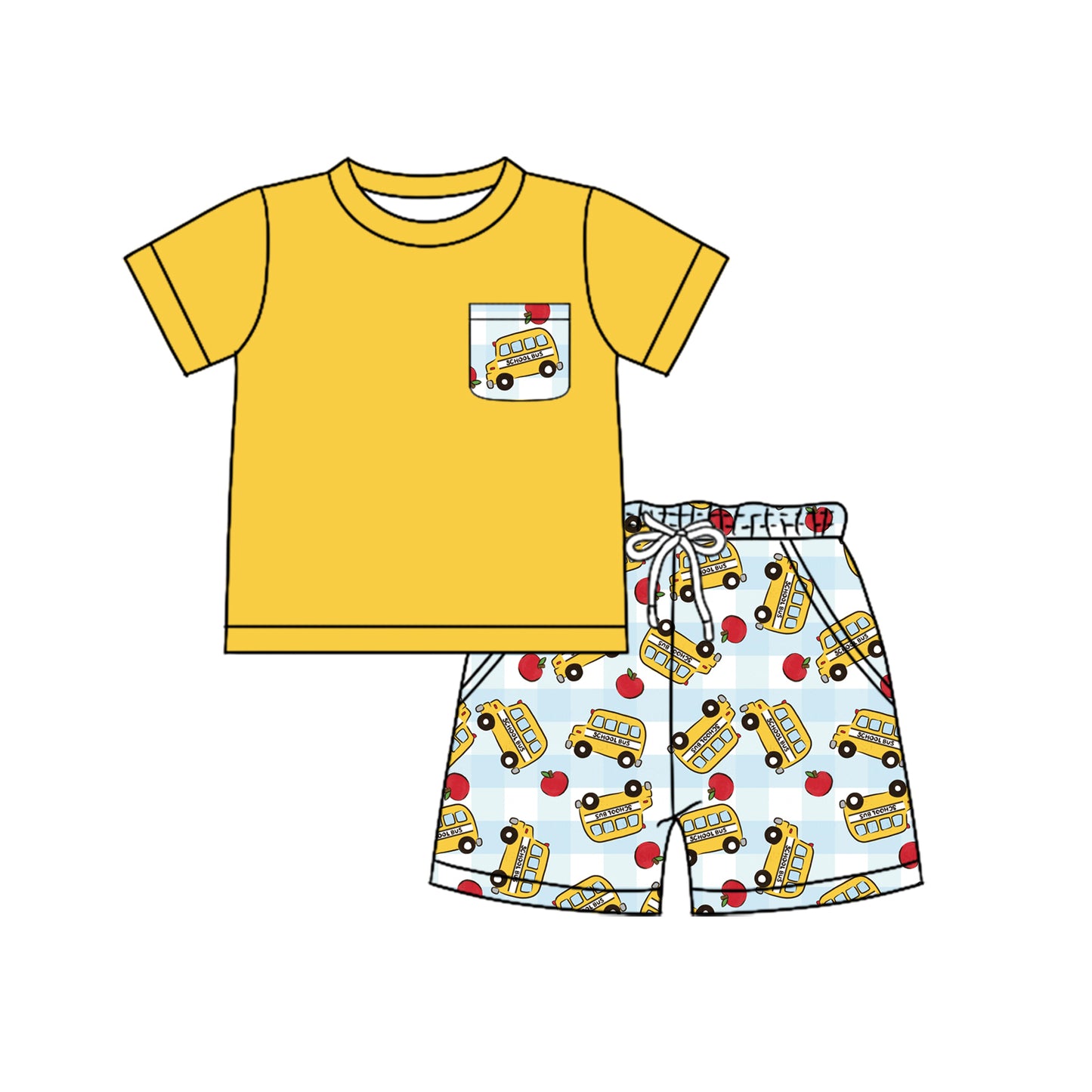 MOQ 5 PCS preorder BSSO1830 Back to School Bus Pocket Yellow Short Sleeve Shorts Boys Sets 202512