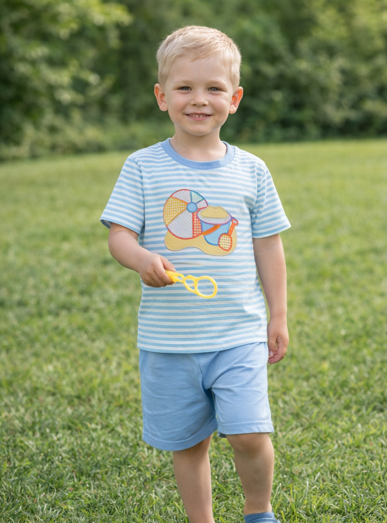 BSSO1834 Embroidered Beach ball Blue Green Stripe Short Sleeve Shorts Boys Sets 202604 RTS