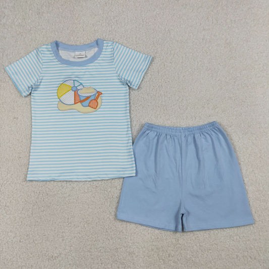 BSSO1834 Embroidered Beach ball Blue Green Stripe Short Sleeve Shorts Boys Sets 202604 RTS