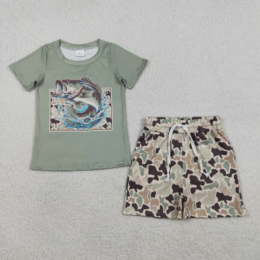 BSSO1835 Fishing Camouflage Pattern Green Short Sleeve Shorts Boys Sets 202603 RTS