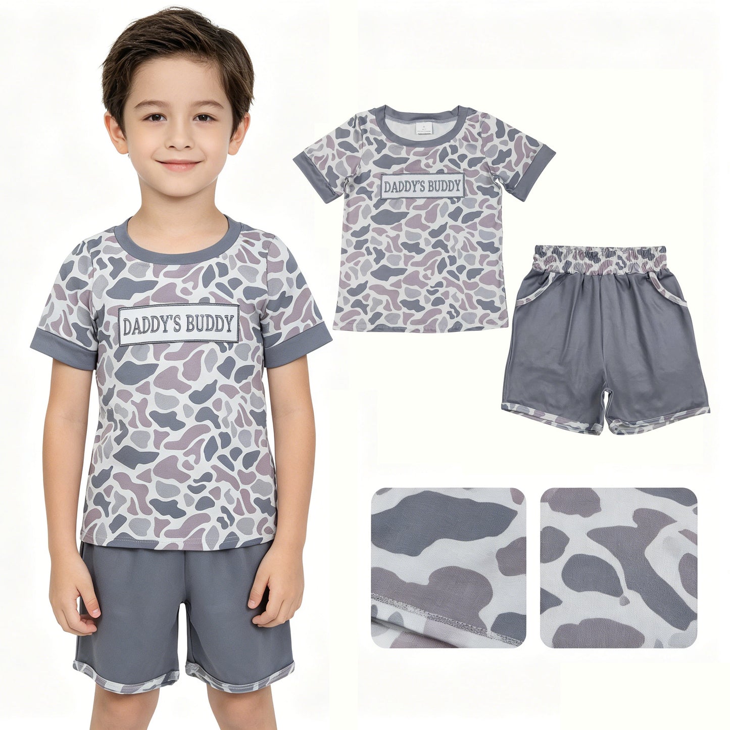 BSSO1838 Embroidered DADDY'S BUDDY Gray Blue Camouflage Short Sleeve Shorts Boys Sets 202604 RTS