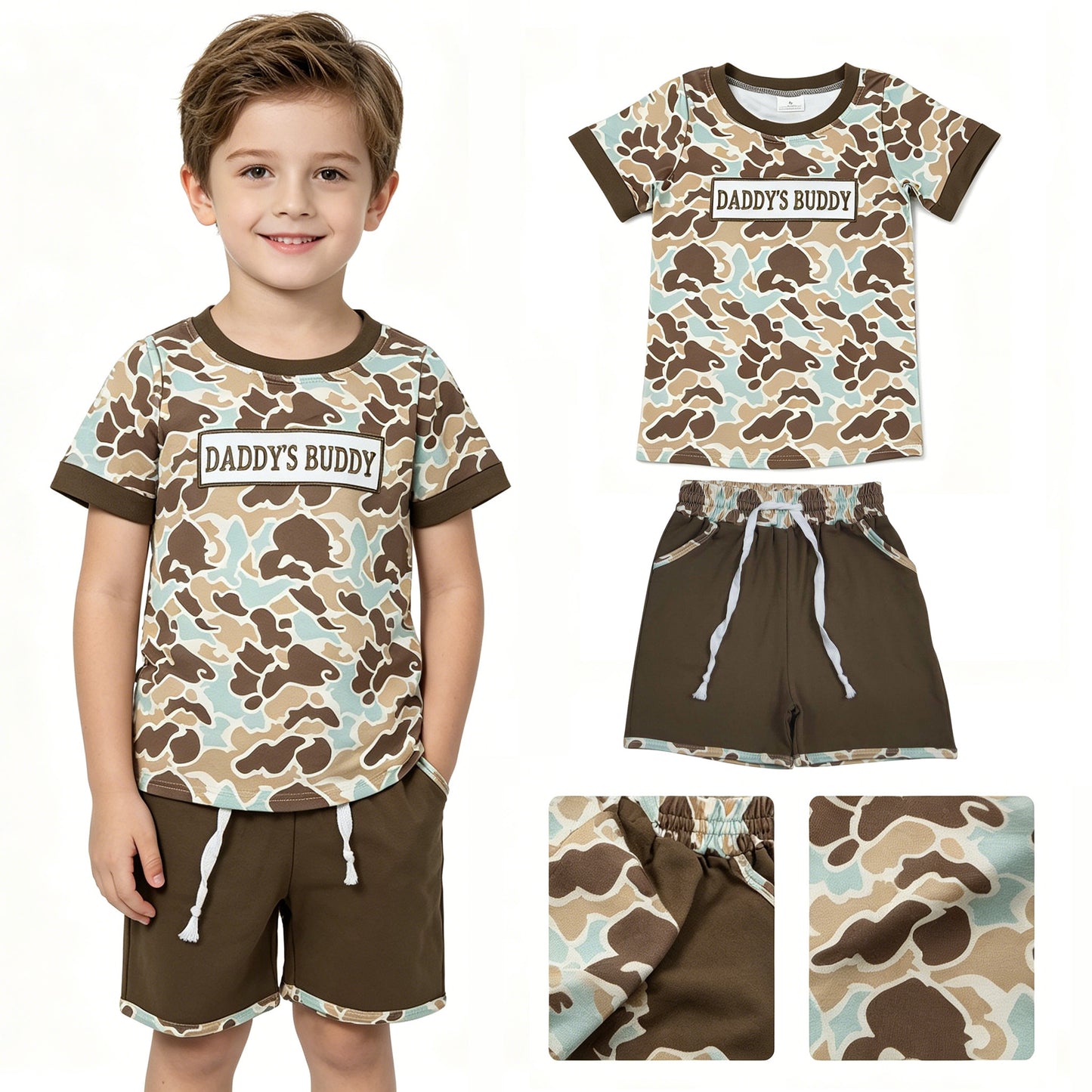 BSSO1839 Embroidered DADDY'S BUDDY Blue Green Brown Camouflage Short Sleeve Shorts Boys Sets 202605 RTS