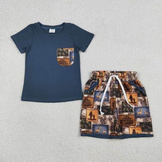 BSSO1846 Deer Hunting Dark Blue Pocket Short Sleeve Shorts Boys Sets 202603 RTS
