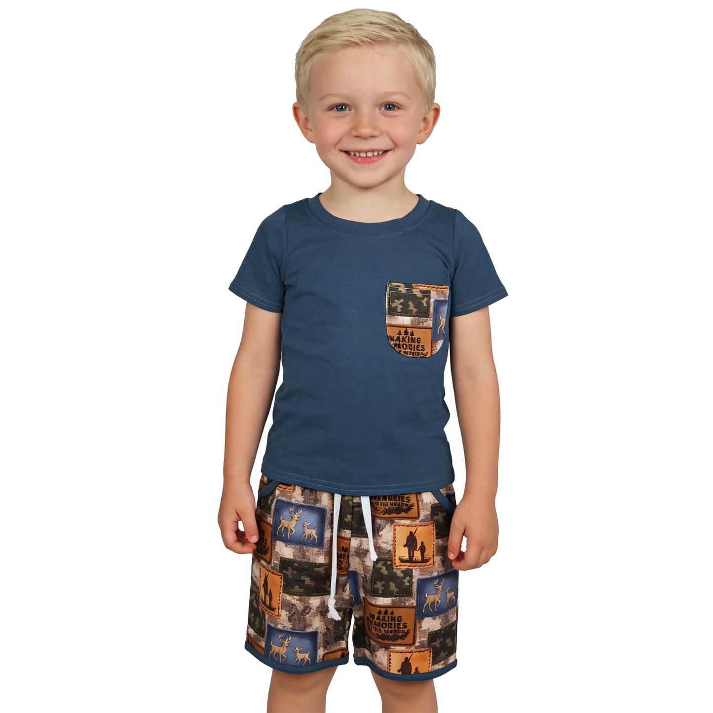 BSSO1846 Deer Hunting Dark Blue Pocket Short Sleeve Shorts Boys Sets 202603 RTS
