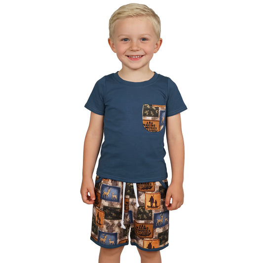 BSSO1846 Deer Hunting Dark Blue Pocket Short Sleeve Shorts Boys Sets 202603 RTS