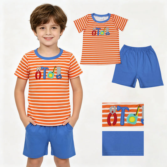 BSSO1851 Embroidered Wrench Hammer Tools Stripe Orange Short Sleeve Blue Shorts Boys Sets 202604 RTS