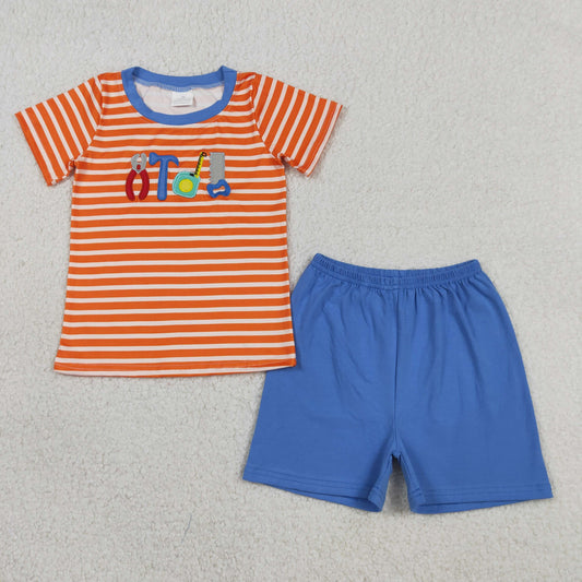 BSSO1851 Embroidered Wrench Hammer Tools Stripe Orange Short Sleeve Blue Shorts Boys Sets 202604 RTS