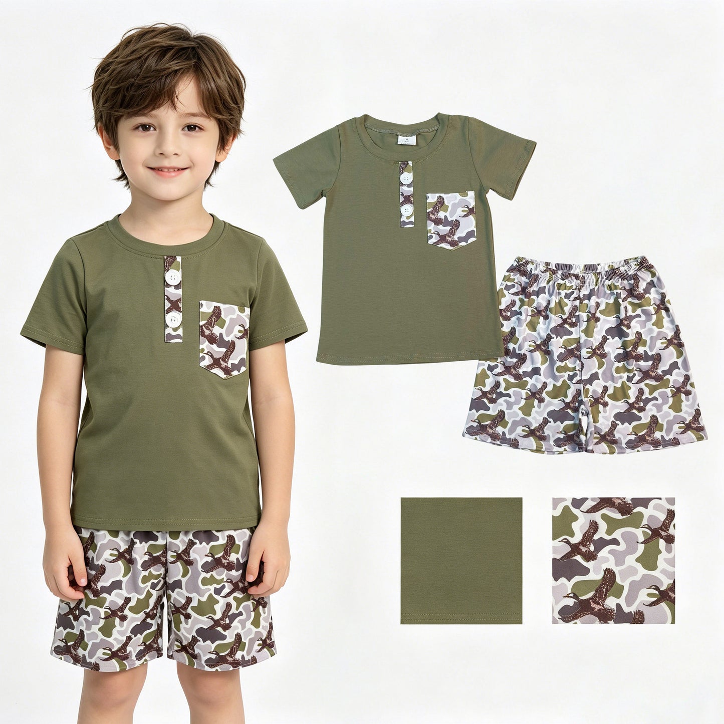 BSSO1856 Duck Hunting Camouflage Pocket Gray Green Short Sleeve Shorts Boys Sets 202604 RTS