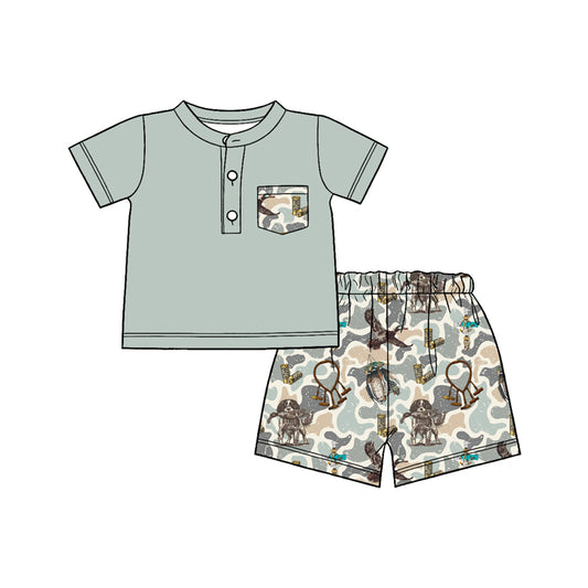 MOQ 5 PCS preorder BSSO1857 Puppy Duck Hunting Camouflage Pocket Light Gray Green Short Sleeve Shorts Boys Sets 202601