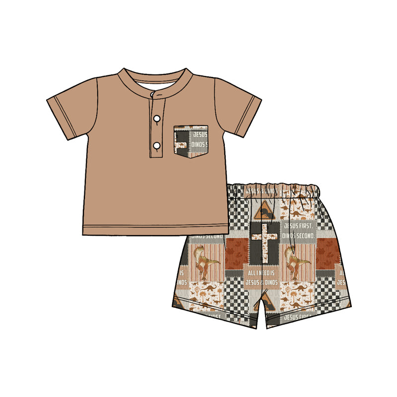 MOQ 5 PCS preorder BSSO1858 Easter Cross Dinosaur Plaid Pocket Brown Short Sleeve Shorts Boys Sets 202601