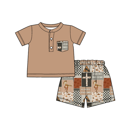 MOQ 5 PCS preorder BSSO1858 Easter Cross Dinosaur Plaid Pocket Brown Short Sleeve Shorts Boys Sets 202601