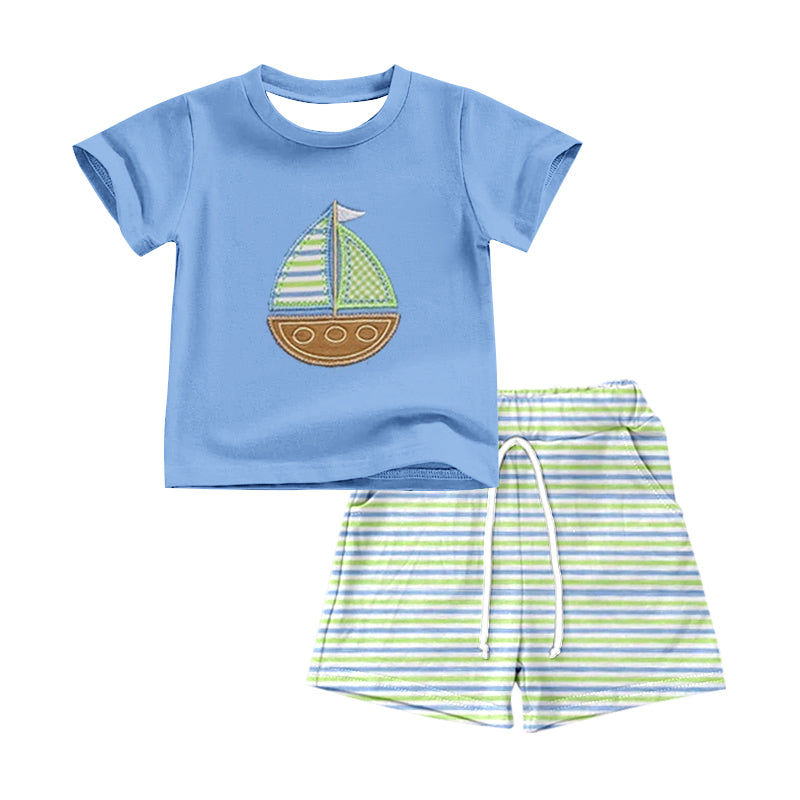 MOQ 5 PCS preorder BSSO1860 Sailboat Blue Green Stripe Short Sleeve Shorts Boys Sets 202601