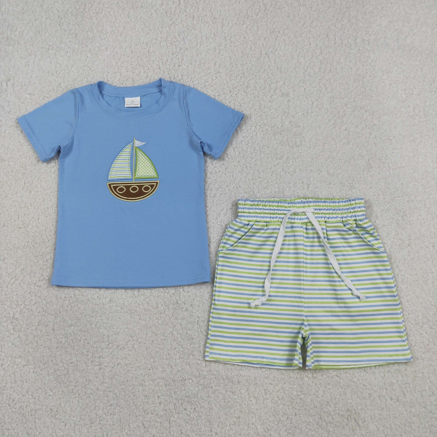BSSO1860 Embroidered Sailboat Blue Green Stripe Short Sleeve Shorts Boys Sets 202604 RTS