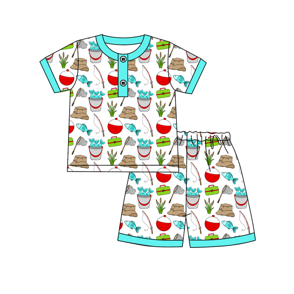 MOQ 5 PCS preorder BSSO1862 Fishing Net Blue Green Short Sleeve Shorts Boys Pajama Set 202601