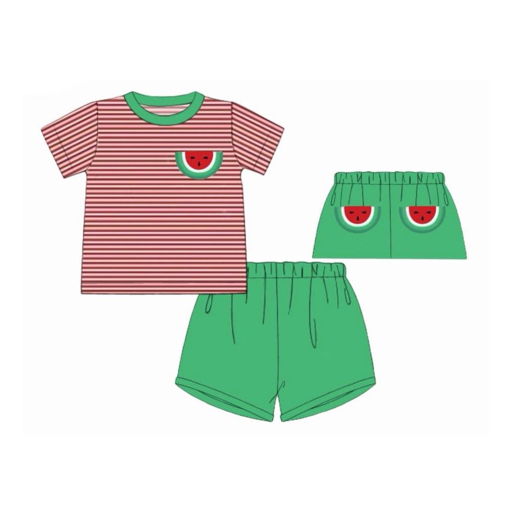 MOQ 5 PCS preorder BSSO1865 Watermelon Red Stripe Short Sleeve Green Shorts Boys Sets 202601