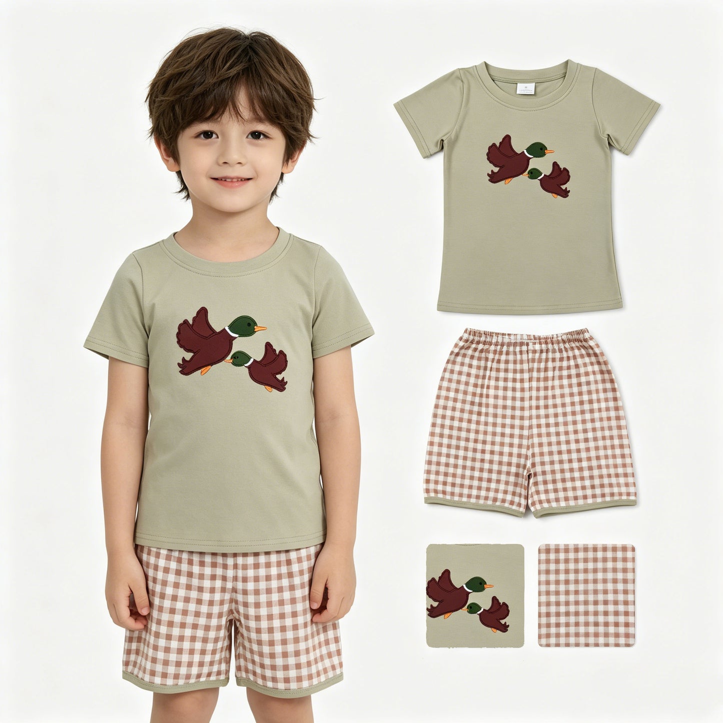 BSSO1867 Embroidered Duck Hunting Pea Green Short Sleeve Plaid Shorts Boys Sets 202604 RTS
