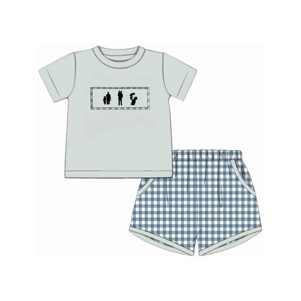 MOQ 5 PCS preorder BSSO1868 Father's Day Blue Green Plaid Short Sleeve Shorts Boys Sets 202601