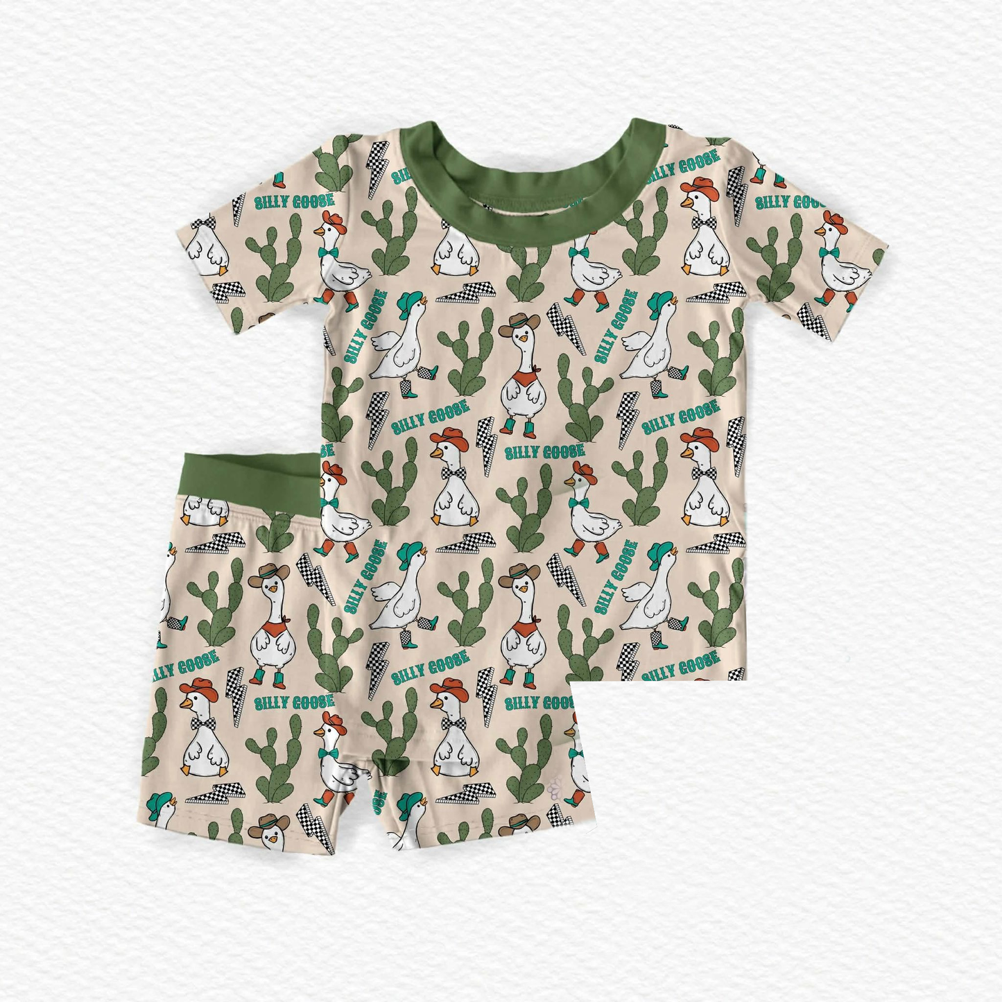 MOQ 5 PCS preorder BSSO1869 Silly Goose Plaid Lightning Cactus Green Short Sleeve Shorts Boys Pajama Set 202601