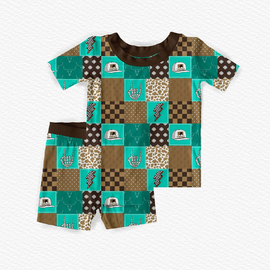 MOQ 5 PCS preorder BSSO1870 Cowpoke Letter Hat Lightning Geometric Plaid Short Sleeve Shorts Boys Pajama Set 202601