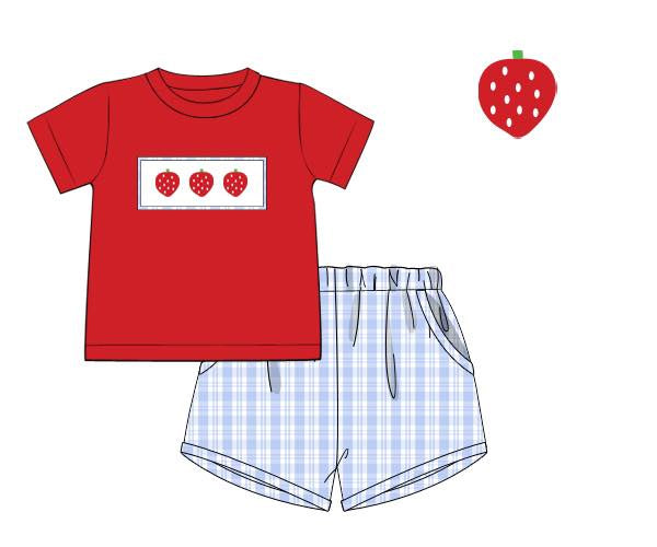 MOQ 5 PCS preorder BSSO1871 Strawberry Red Short Sleeve Blue Plaid Shorts Boys Sets 202601