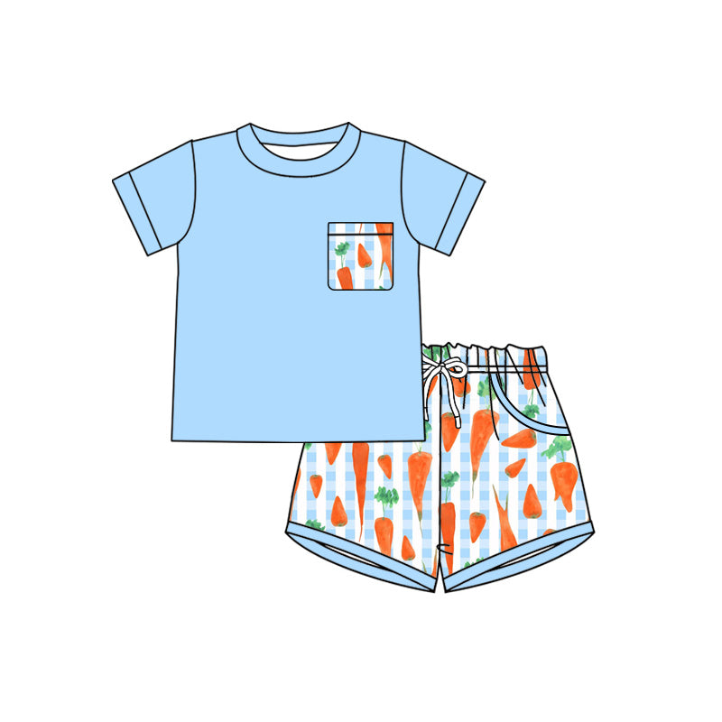 MOQ 5 PCS preorder BSSO1872 Easter Carrots Pocket Blue Short Sleeve Plaid Shorts Boys Sets 202601