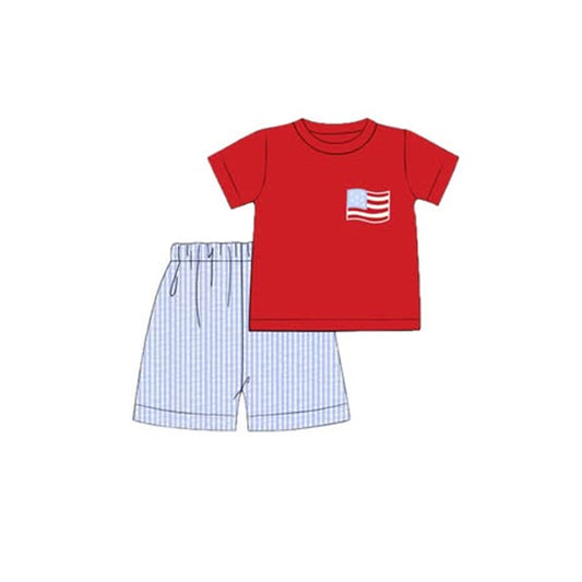 MOQ 5 PCS preorder BSSO1873 4th of July Flag Red Short Sleeve Stripe Shorts Boys Sets 202601