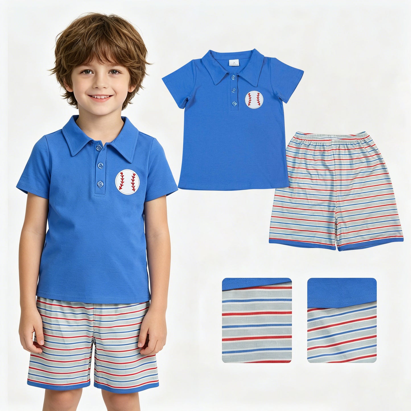 BSSO1877 Embroidered Baseball Blue Polo Short Sleeve Stripe Shorts Boys Sets 202604 RTS