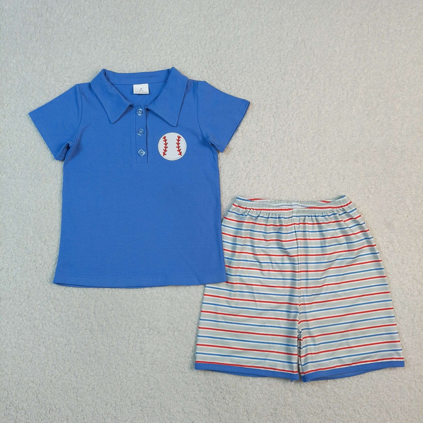 BSSO1877 Embroidered Baseball Blue Polo Short Sleeve Stripe Shorts Boys Sets 202604 RTS