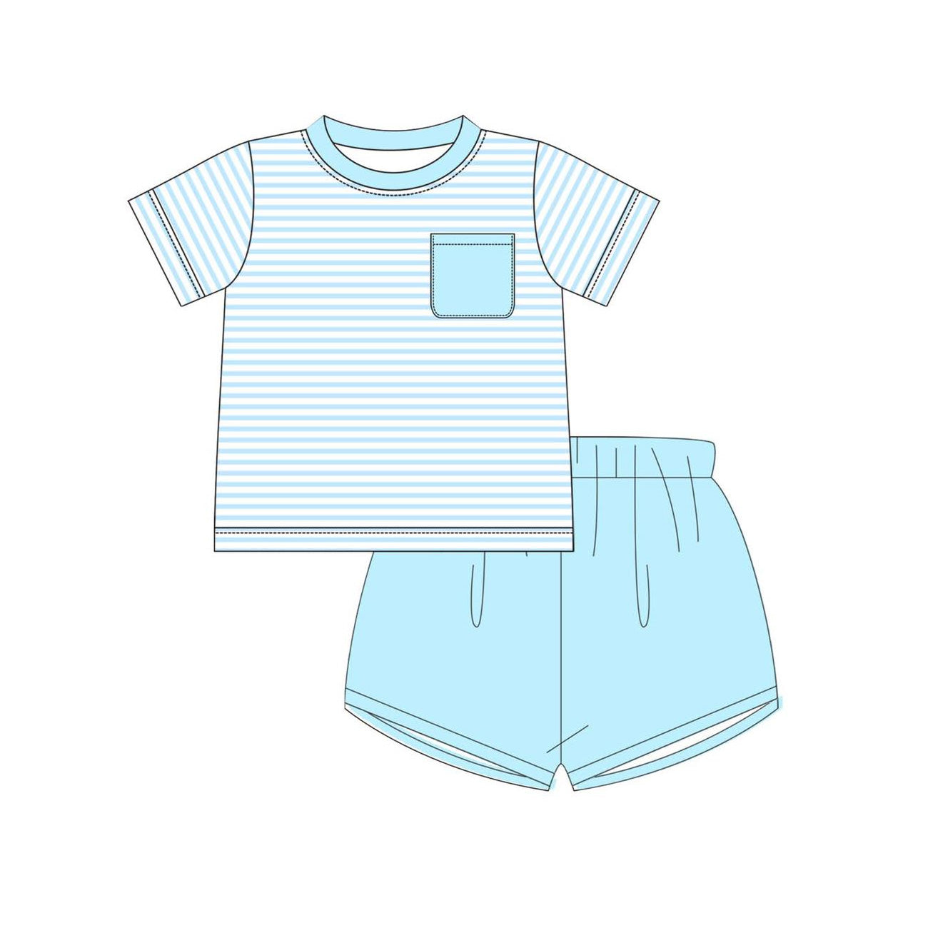 MOQ 5 PCS preorder BSSO1880 Pocket Blue Stripe Short Sleeve Shorts Boys Sets 202601