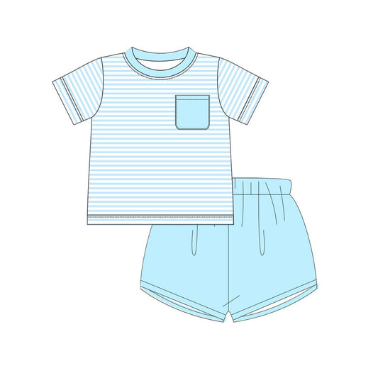 MOQ 5 PCS preorder BSSO1880 Pocket Blue Stripe Short Sleeve Shorts Boys Sets 202601