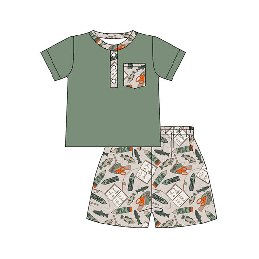 MOQ 5 PCS preorder BSSO1881 Pencil Fishing Pocket Green Short Sleeve Shorts Boys Sets 202601