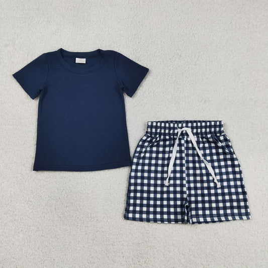 BSSO1882 Solid Navy Short Sleeve Plaid Shorts Boys Sets 202603 RTS