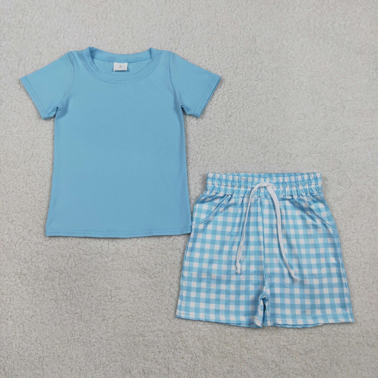 BSSO1883 Solid Sky Blue Short Sleeve Plaid Shorts Boys Sets 202602 RTS