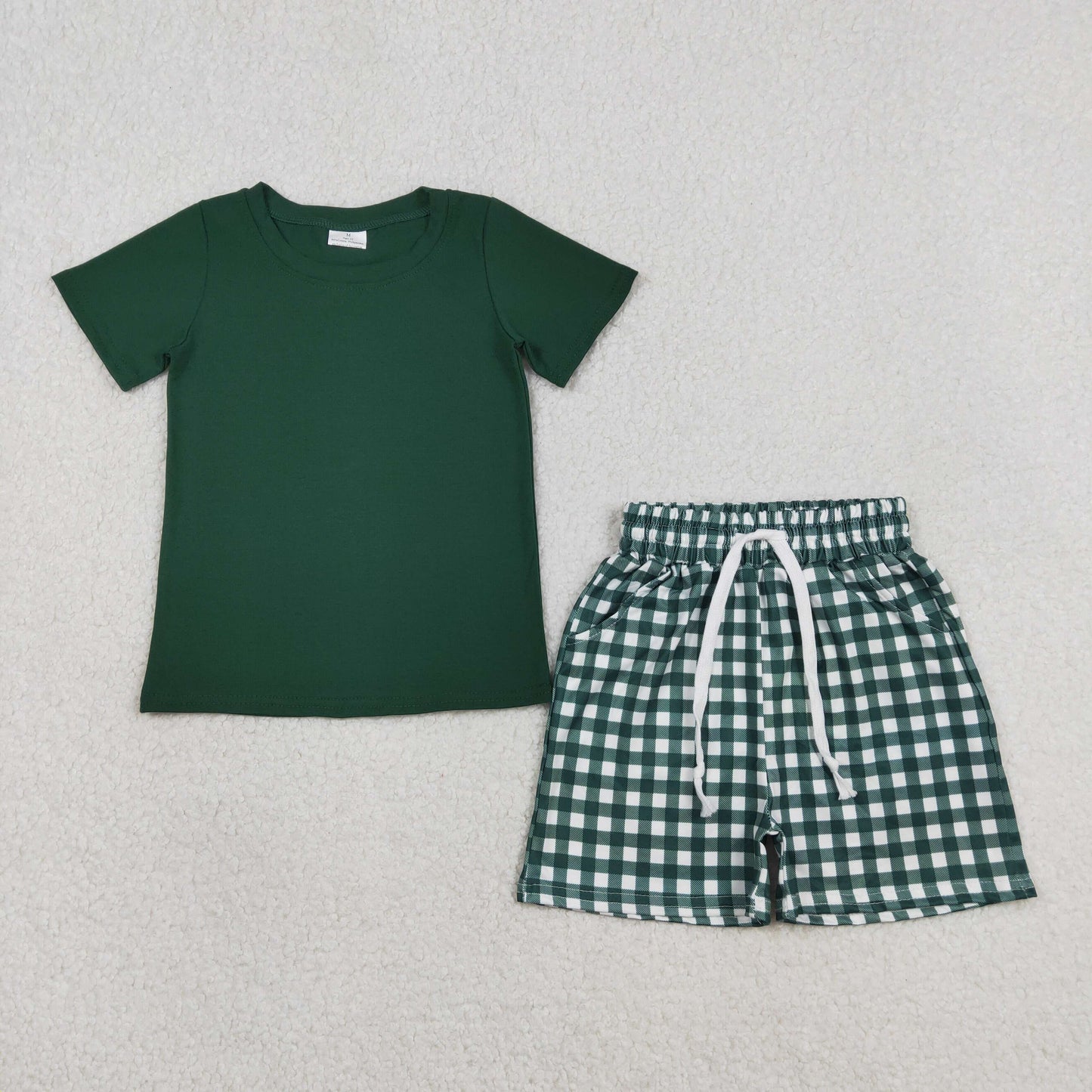 BSSO1885 Solid Dark Green Short Sleeve Plaid Shorts Boys Sets 202603 RTS