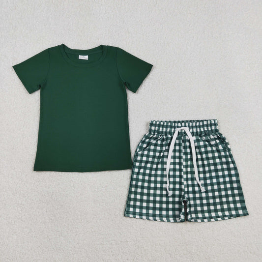 BSSO1885 Solid Dark Green Short Sleeve Plaid Shorts Boys Sets 202603 RTS